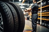 Fototapeta Do przedpokoju - Checking the condition of new tires available in stock