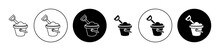 Sand Bucket Icon Set. Children Beach Play Sand Bucket With Shovel Vector Symbol In Black Filled And Outlined Style.