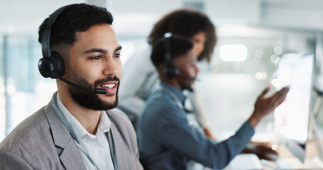 Poster - Computer, call center and happy man talking, crm and support at help desk office. Technology, customer service and sales agent consulting, telemarketing communication or speaking to business contact