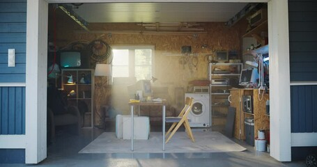 Poster - Establishing Shot Of Empty Workplace With Old Desktop Computer In Retro Garage With Random Home Appliances. First Office Of Successful Computer Engineering Startup In Nineties. Nostalgia Concept.