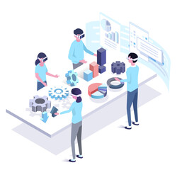 Wall Mural - vector virtual l reality isometric illustration of working poeple