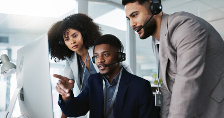 Poster - Business people, call center and coaching team in telemarketing, customer service or support at office. Staff, agent or consultant training together in teamwork for online advice, help or contact us