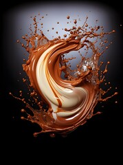 Poster - An intricate chocolate splash, whether captured as an image or drawn, stands out boldly against a white foreground while contrasting with a deeper, dark background. The pour of chocolate is masterfull