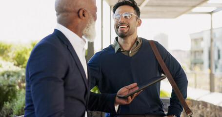 Poster - Outdoor, business people and men with a tablet, conversation and talking with connection, company website and email. Staff, manager and employee with technology, outside and internet with digital app