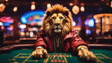A lion dressed in hip hop outfit playing poker in casino.