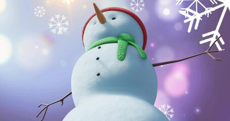 animation of christmas snow man moving over snow falling on purple background