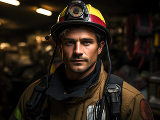 Portrait of heroic fireman in protective suit and red helmet, second fireman is out of focus, closeup