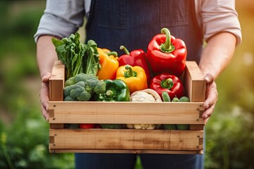 Farmer man holding wooden box full of fresh raw vegetables.