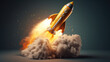 Dynamic 3D illustration of a vibrant orange rocket launch with fiery exhaust and sparking debris on a muted background. Ideal for innovation, startup, and space exploration themes.