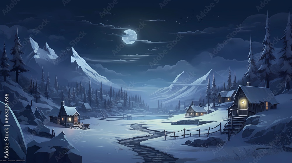 Christmas Night in Village. Snow Man, Ice Mountain, Snow Houses.Concept ...
