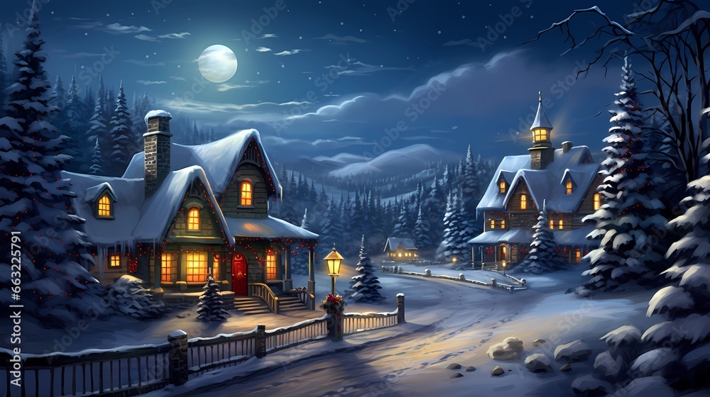 Ilustração Christmas Night in Village. Snow Man, Ice Mountain, Snow ...