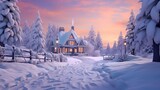 Fototapeta Na sufit - Christmas Night in Village. Snow Man, Ice Mountain,  Snow Houses.Concept Art Scenery. Character Design Concept Art Book Illustration Video Game Digital Painting. CG Artwork Background. Generative AI
