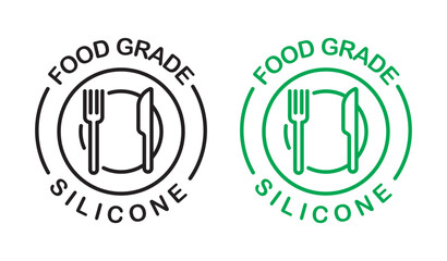 Food grade silicone icon set. plastic safety fork and glass vector symbol in black filled and outlined style.