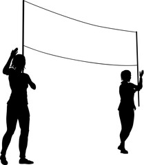 Two protestors or demonstrators at a demonstration march, picket line or strike protest rally in silhouette. Holding up a banner sign.