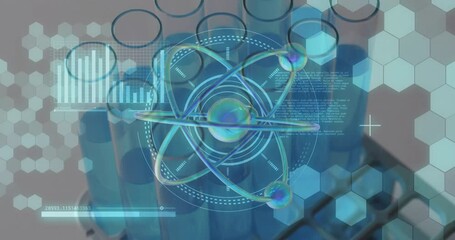 Poster - Animation of scientific data processing over laboratory dishes on grey background