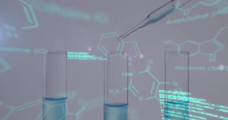 Poster - Animation of scientific data processing over laboratory dishes on grey background