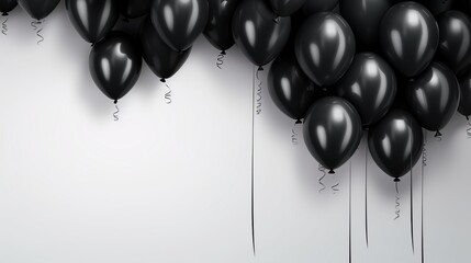 Wall Mural - Black balloons with ribbons on white background. Black friday concept