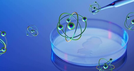 Poster - Animation of atoms over laboratory dish on blue background