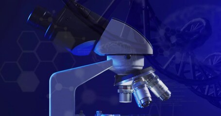 Poster - Animation of chemical structures over laboratory microscope on blue background