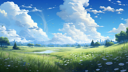 Wall Mural - meadow with a sky full of clouds, anime style	