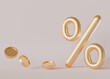 Golden discount sign and money coins on beige background. Percent symbol. Empty, copy space. Special offer, good price, deal, shopping. Sale off promotion. Percentage. Black Friday. 3d rendering.