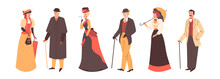 Cartoon Vector Set Of 19th People Characters In Classic Victorian Style Costume, European Gentlemen, Aristocrats, Ladies