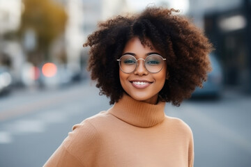 Energetic African American Woman with Curly Hair on Urban Street