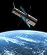 Space, earth and satellite in orbit for communication, surveillance and global research. Aerospace, engineering and spacecraft for data transmission, tracking and navigation for planet observation.