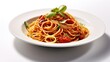 © Vilaysack - Delicious classic of pasta and spaghetti with tomato sauce in a plate on a white background. Generative Ai