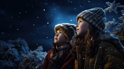 Wall Mural - Christmas Anticipation: Kids Gazing at Stars