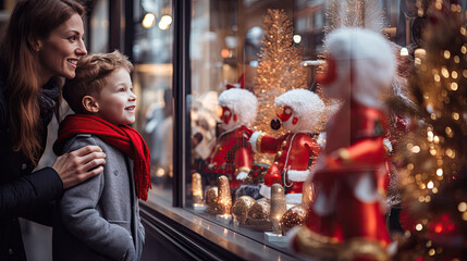 Wall Mural - Mother and son mesmerized by festive window