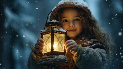 Wall Mural - Girl explores snowy forest with lantern