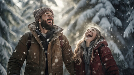 Wall Mural - Laughter-filled couple tosses snow surrounded by snowy woodland and tall evergreens