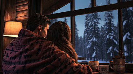 Wall Mural - Warmly wrapped couple sipping cocoa watching snow fall outside cozy cabin window