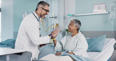 Wall Mural - Hospital, doctor and woman high five for success with ventilation tube for oxygen, medical service and care. Healthcare, happy and mature person celebrate for surgery recovery, wellness and healing