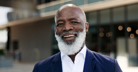 Poster - Happy, city and face of business black man by building for career, job and work opportunity. Professional, corporate employee and portrait of worker in urban town for management, mindset and pride