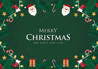 Wall Mural - Vector merry Christmas flat background with presents and ornaments