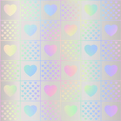 Poster - Heart seamless pattern. Repeating holographic texture. Repeated iridescent background for design girls prints. Repeat hologram hearts printed. Abstract metallic foil printing. Vector illustration