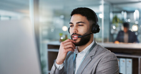 Poster - Businessman, face and consulting in call center, customer service or telemarketing at office. Corporate man, consultant or agent talking with headphones in online advice or communication at workplace