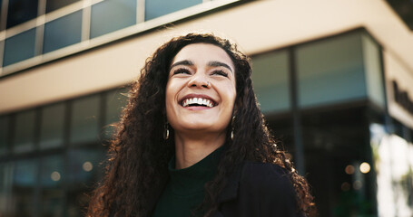 Wall Mural - City, thinking and woman with a smile, funny and opportunity with wonder, solution and laughing. Person, outdoor or girl with ideas, thoughts or humor with joke, urban town or building with happiness