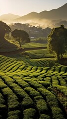 Wall Mural - Landscape tea plantation background, Beautiful tea plantations landscape in morning light