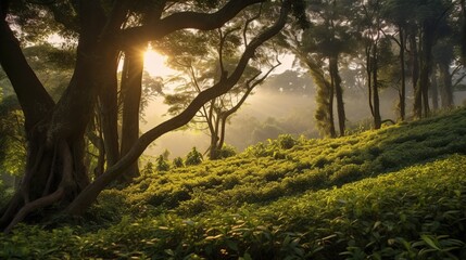 Wall Mural - Landscape tea plantation background, Beautiful tea plantations landscape in morning light