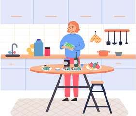 Wall Mural - People cooking vegetarian food. Vector illustration. Happy culinary. Lady at stove alone. Chef cooks preparing food cook hands on the kitchen table Girl prepare dinner cutting vegetables for salad