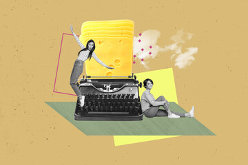 Sticker - Collage picture of two mini black white colors girls sit balancing huge typing machine cheese slices instead paper isolated on beige background