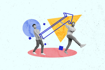 Poster - Collage picture of two positive mini black white colors guys dance arms hold big arrow pointer upwards isolated on painted background