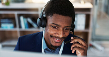 Poster - Happy black man, face and headphones in call center, customer service or telemarketing at office. Closeup of African male person, consultant or agent smile and talking for online advice at workplace