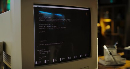 Leinwandbilder - Close Up Shot Of Old Desktop Computer On Work Desk Of Software Engineer In Retro Garage. Dated PC Has Operating System Terminal Opened, Prompts Running On Screen, Code Functioning Successfully.