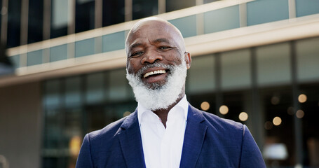 Poster - Laugh, city and face of business black man in city by building for career, job and work opportunity. Professional, happy and portrait of worker in urban town for success mindset, growth and travel