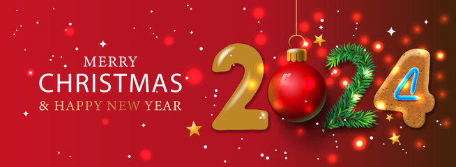 Wall Mural - Merry Christmas and Happy New Year 2024 banner. Horizontal Christmas posters, cards, headers, website. Vector illustration