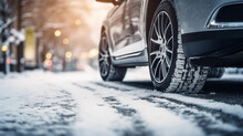 Car Tyre On A Snowy Road In Winter